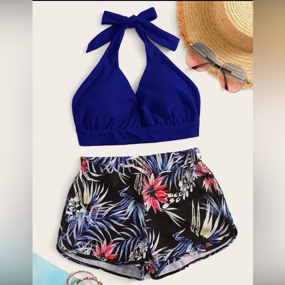 Blue Bikini Top and Floral Swim Shorts